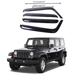 Fits for JEEP WRANGLER JK 4 DOOR 07-17. Keep rain and wind out while windows are open. 4 PCs Tape-on window visors....