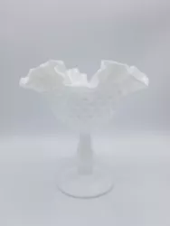 Vintage Footed Fenton Hobnail Milk Glass Compote Ruffled Edge Dish.