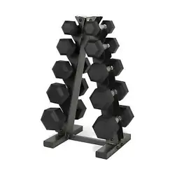 The rack is compatible with any hex or coated hex dumbbell weighing 5 to 25 lbs. It can support a maximum of 200 lbs....