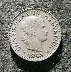 20 RAPPEN 1944 - WORLD WAR II. This coin was minted in 1944 in Bern, Switzerland. OLD COINS OF SWITZERLAND.
