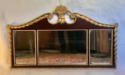 Over Mantle Mirror with Flower Basket. Antique Wood & Parcel Gilt Federal Style. Wood, Gilt Gesso, Glass. Wear...