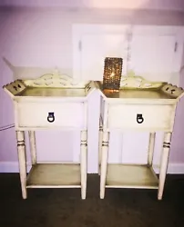 #2 Pair French Provincial Shabby Chic Whitewash wood night stands/accent end tables. Carved solid Wood design, raised...