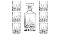 This Italian crystal barware 7-pc whiskey set features faceted round shape tumblers and vertical rectangle decanter...