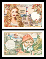 Billet fantaisie de laBanque de Saint Pierre et Miquelon – 1000 Francs (2023). Photo non contractuelle - Les numéros...