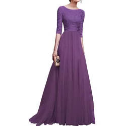 Material: Polyester + Lace. Features: Half Sleeve, Lace & Tulle Spliced, Back Zipper, Full-length.
