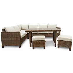 Outdoor wicker sectional dining set creates a comfortable place to relax. Set includes dining table, 2 cushioned...