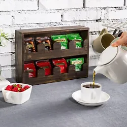 Its compact size sits easily on any table or counter top surface, making this dark brown burnt wood tea bag organizer...