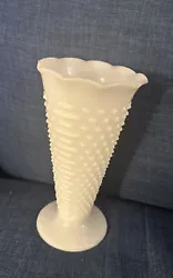 VINTAGE Anchor Hocking Vase Milk Glass Hobnail Footed Ruffle Lip 9.5