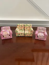 Vintage Fisher Price Loving Family Yellow Floral Couch Sectional Dollhouse Sofa (2007) &2 Pull Out Chair Chaise Lounges...