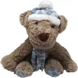 Gentle Treasures Beige Brown Bear Dog Plush Soft Puppy Blue Plaid Scarf Hat 13