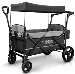 The fabric of the stroller wagon is removable for easy cleaning. Easy one-step foot brake for safety while the stroller...