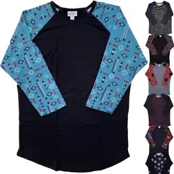 This unisex knit shirt resembles a baseball T with its raglan, mid-length sleeves in a contrasting, patterned fabric....