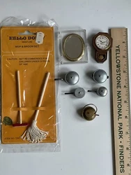 Lot Antique Vintage Dollhouse Clock Pots Pans Teapot Mirror Mop Broom.