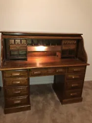 Vintage Solid Wood Secretary Desk with Hutch and Lamp with minimal scratches on the bottom of desk (from rolling chair).