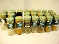 Varying amounts of spices. 5 have a plastic shaker top, 4 have the bigger plastic hole shaker and 14 dont have any....