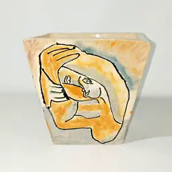 Handmade Signed Student Art Pottery Square Vase Plant Pot Abstract Folkart People Faces.