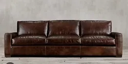 Gently worn Restoration Hardware Leather Maxwell Sofa. Luxe Depth, 8’ length, 3 Seat, Down-Feather Fill, Italian...