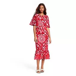 •Midi dress with large zinnia floral print •Lightweight linen-blend fabric •Short bell sleeves •High neckline...