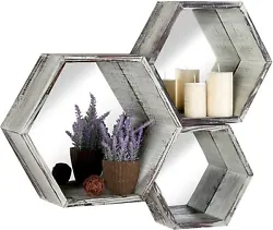 Floating Shelves Wall Mounted Torched Wood Hexagon Display Shelf with Mirrored Backing, Set of 3. Mirrored backing...