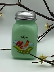 Jade Jadeite Green Glass Good Morning Rooster SAGE Spice Jar Shaker. Morning Rooster. Made In USA.