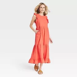 •Flutter short-sleeve midi dress •100% cotton fabric •Ruffled crew neckline •Functional side pocket •Tiered...