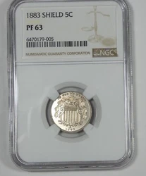 1883 Shield Nickel, certified for grade and authenticity by NGC as PROOF 63.