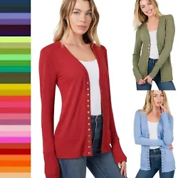 Snap ButtonSweater Cardigan. Features ribbed details on neckline, sleeves, and bottom hem. Sleeve Length: 24