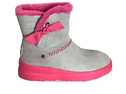 I Heart UGG Girls Knotty Boots Size 4 Youth Gray Suede Pink Shearing Bow tie.  Very good previously owned condition....