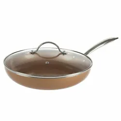 12 Inch Frying Pan with Lid Copper Finish Induction Cooking Oven Stove Top Safe.