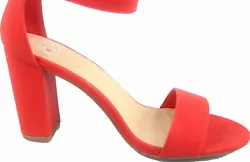 Open toe, single band at vamp. Covered chunky heel. Ankle strap with adjustable buckle. Heel height: 4 