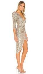 $268 Revolve NBD Itzel Women’s Medium Gold & Blush Sequin Midi Half Sleeve. 18 inches armpit to armpit. 46 inches...