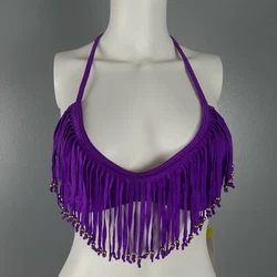 Raisins swimwear halter bikini top in purple with beaded fringe and removable pads.