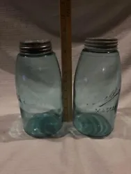 2 Rare Pair Vintage Ball Mason Blue 1/2 Half Gallon Canning Jars w/ Zinc Lids. Both have the #1 on bottom.one says Ball...