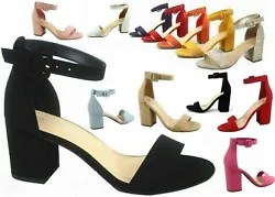 Open toe, single band at vamp. Covered chunky heel. Ankle strap with adjustable buckle. High Heel Style: 4 (approx)....