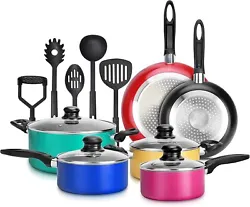 NutriChef NCCWCOR15 - Kitchenware Pots & Pans Set - Colorful Kitchen Cookware, Black Non-Stick Coating Inside, Heat...