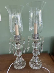 Pretty pair of vintage crystal lamps with etched glass shades and glass prisms. Pretty stacked glass balls and chrome...