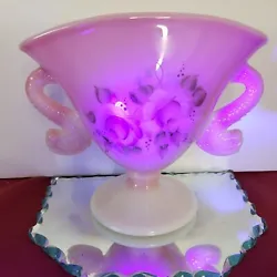 Handpainted Fenton Rosalene Double Handle Dolphin Pink Fan Vase.  Vintage Fenton signed by artist Handpainted  fan...