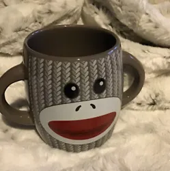 No chips or cracks.....Sock Monkey Mug Coffee Tea Cup Hot Chocolate Galerie Double Handled Gray Ceramic. Condition is...