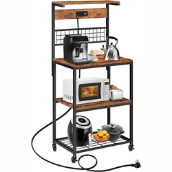 Bakers Rack with Power Outlet, Microwave Stand with Storage Shelves, Coffee Bar with Wheels and 5 S-Shaped Hooks, for...