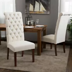 Our Cooper Tall Natural Fabric Dining Chairs feature a tall and tufted backrest design with a rolled top. The cooper...