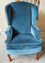 Vintage Antique Queen Anne Style Chair Wing Back Blue Velvet Cabriole Legs. ***Local Pickup Only***.  Good condition. ...