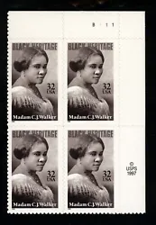 Scott #3181, 1998, 32 Cent, Madam C. J. Walker Issue, Plate Block of 4, in Mint Never Hinged condition. See scans for...