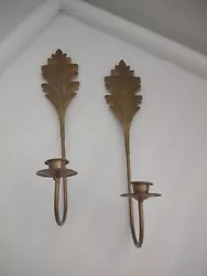 Gold Leaf Wall Mounted Candle Sconce Holders Pair Of 2 Skinny Vintage Decor.
