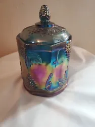 Vintage Indiana Carnival Glass Canister Jar Grapes Blue Green Purple with lid.