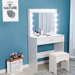 Vanity Set With Lighted Mirror Cushioned Stool Dressing Table Vanity Makeup Table. Stool size: 37 × 24 × 40 /...