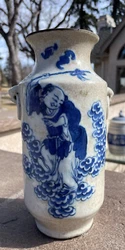 Chinese Antique Blue & White Vase: of shouldered form with a short neck, with a Luohan walking in the clouds. This vase...