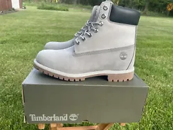 LIKE NEW Mens Timberland PREMIUM 6-INCH Waterproof Boots MD Grey Nubuck SIZE 12. The only flaw is a small mark on one...