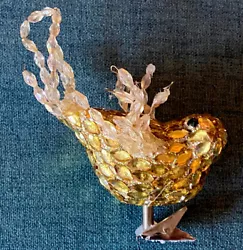 Vintage Gold Rhinestone Beaded Bird Christmas Ornament Clip On