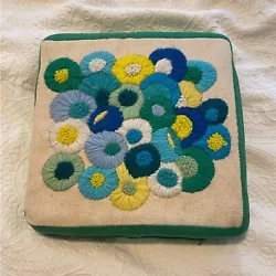Vintage Blue and Green Krewel Floral Chair Cushion Measurements in photos