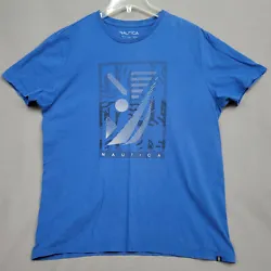 Color Blue with print. Sleeve: 8 in. 100% Cotton. Good, mark on back. Size Large.